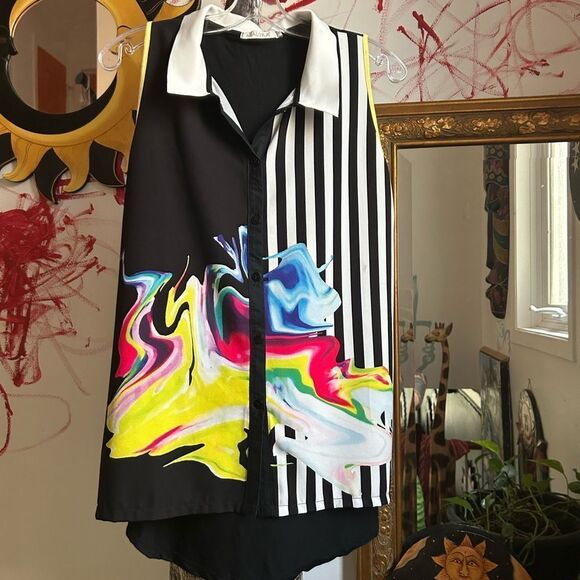 Maloka Black and White Abstract Blouse Small - Picture 2 of 15
